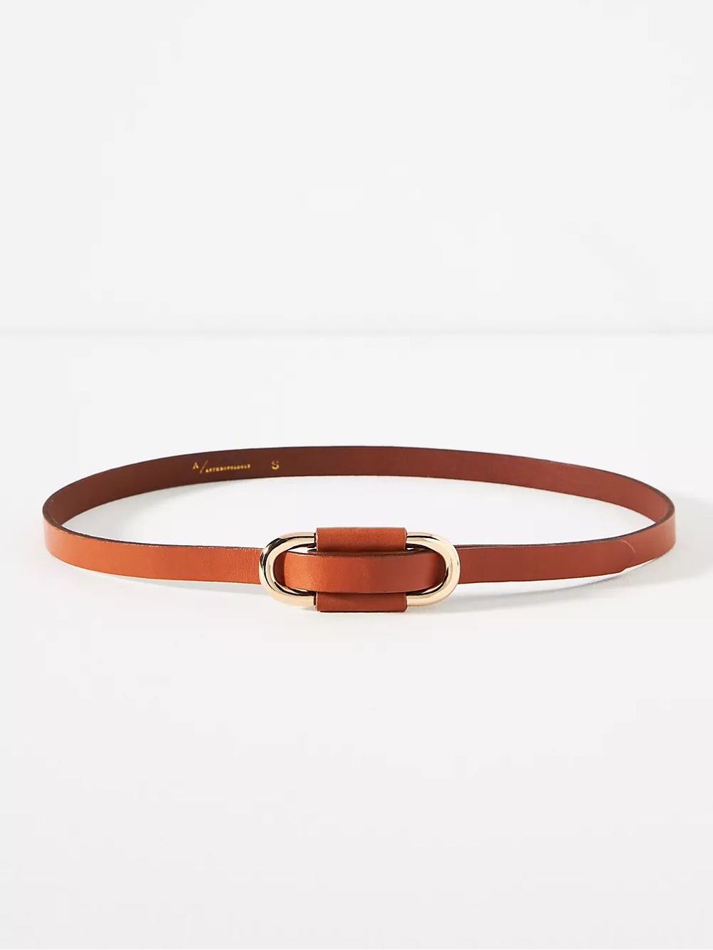 Anthropologie Slim 100% Genuine Leather Skinny Belt with Gold Oval Buckle Brown